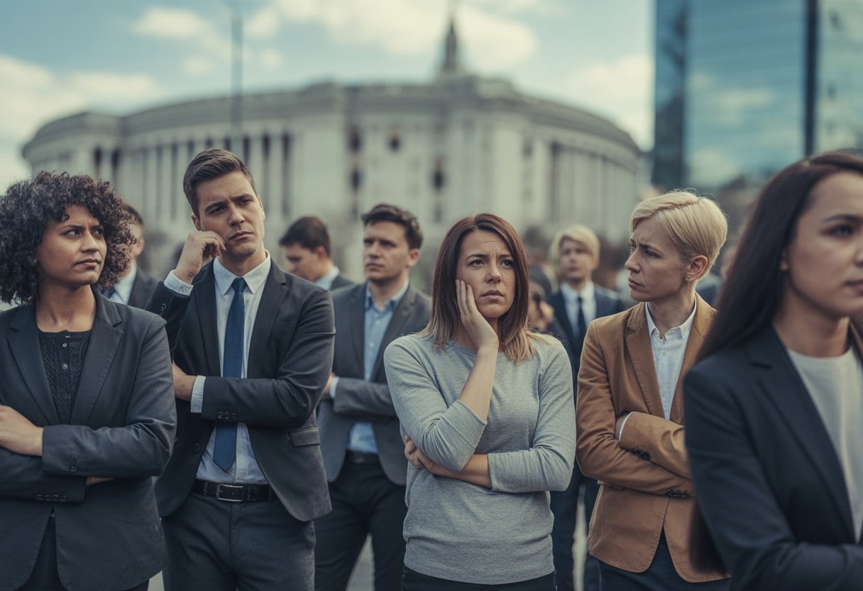 Eine Gruppe von Menschen steht vor einem Regierungsgebäude, einige wirken nachdenklich oder enttäuscht.