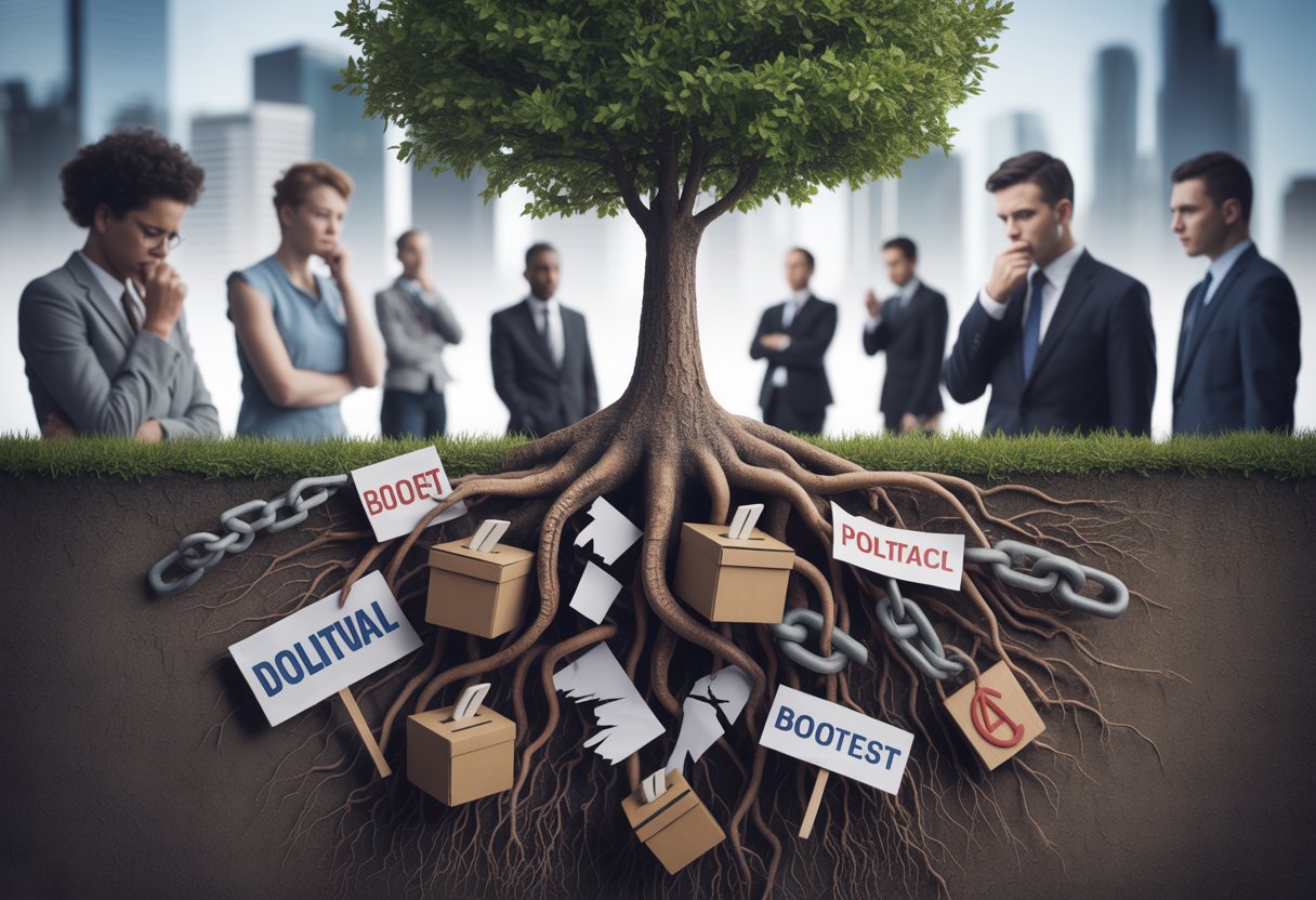Ein Baum mit tiefen Wurzeln, die politische Symbole umgeben, vor einem unscharfen Stadtbild mit nachdenklichen Menschen.