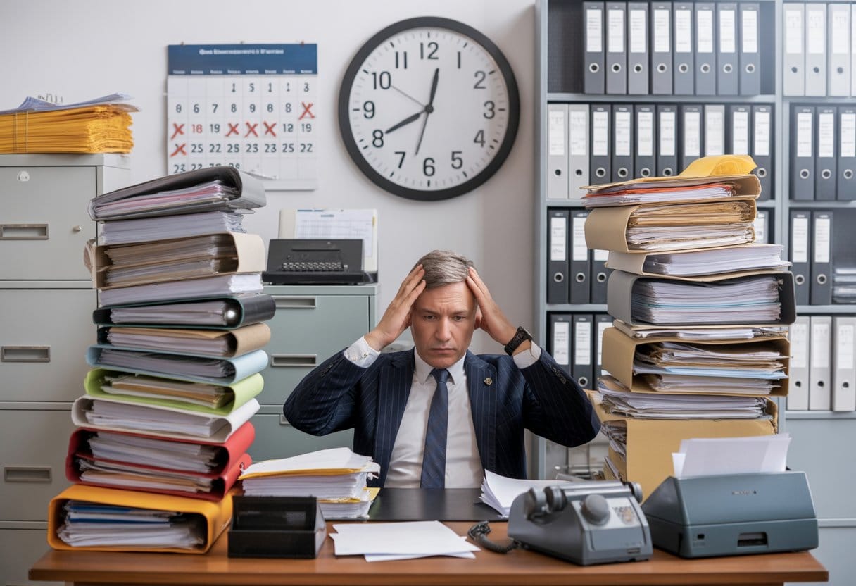 Deutsche Bürokratie: Weltmeister im Zeitverschwenden – Ursachen, Folgen und Lösungen 1 Ein gestresster Mann sitzt an einem Schreibtisch, umgeben von vielen Papierstapeln und einem großen Wanduhren, die viel Zeit anzeigen.
