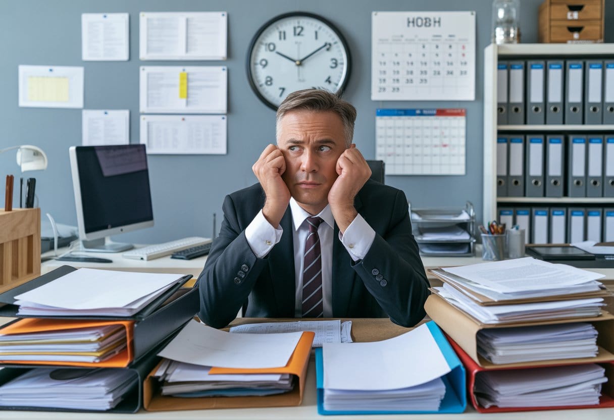 Deutsche Bürokratie: Weltmeister im Zeitverschwenden – Ursachen, Folgen und Lösungen 2 Ein Mann in einem Büro sitzt an einem Schreibtisch mit vielen Akten und schaut besorgt auf eine große Wanduhr.