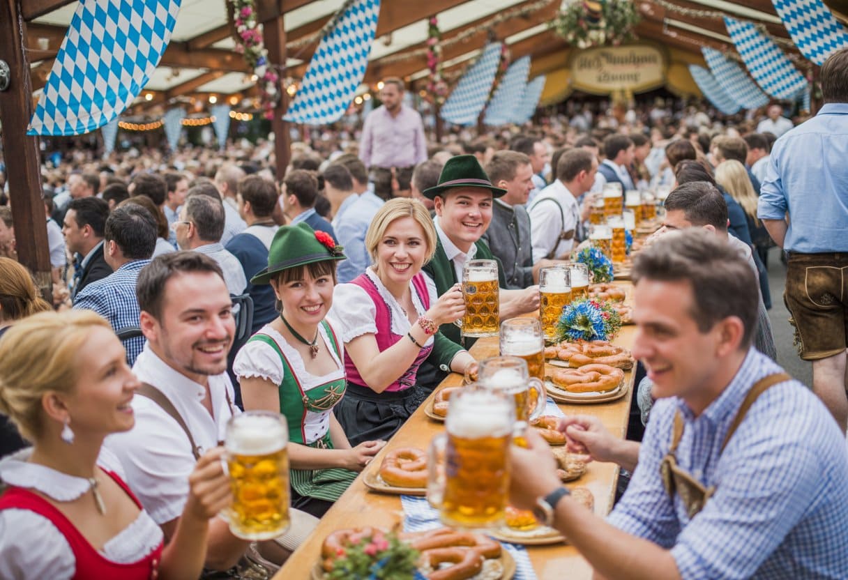 Oktoberfest: Tradition oder Touristenabzocke? – Ursprung, Brauchtum und Kommerz 1 Menschen in traditioneller bayerischer Kleidung und Touristen sitzen an einem langen Tisch im Biergarten, trinken Bier und essen bei einem Oktoberfest.