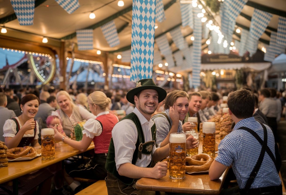 Oktoberfest: Tradition oder Touristenabzocke? – Ursprung, Brauchtum und Kommerz 2 Menschen in traditioneller bayerischer Kleidung feiern in einem belebten Oktoberfest-Zelt mit Bierkrügen und typischem Essen.