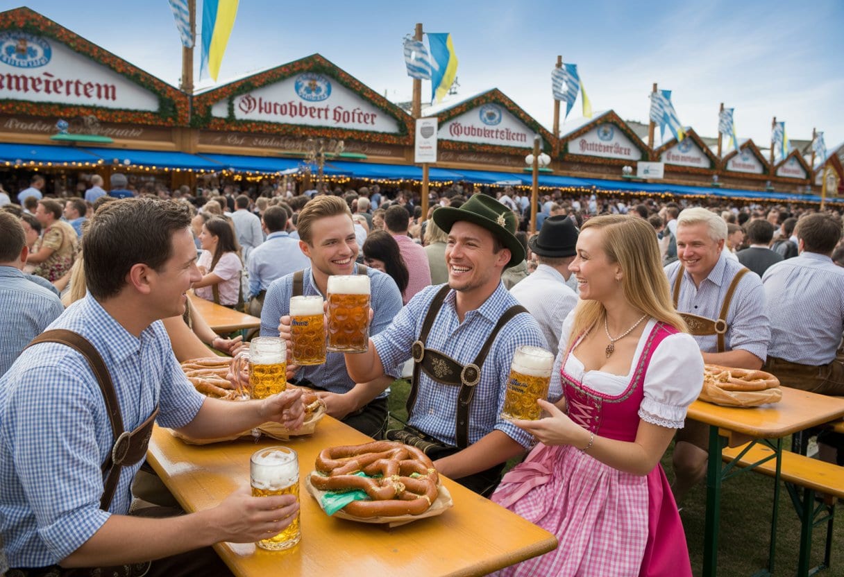 Oktoberfest: Tradition oder Touristenabzocke? – Ursprung, Brauchtum und Kommerz 3 Menschen in traditioneller bayerischer Kleidung feiern Oktoberfest mit Bier und Essen im Freien.