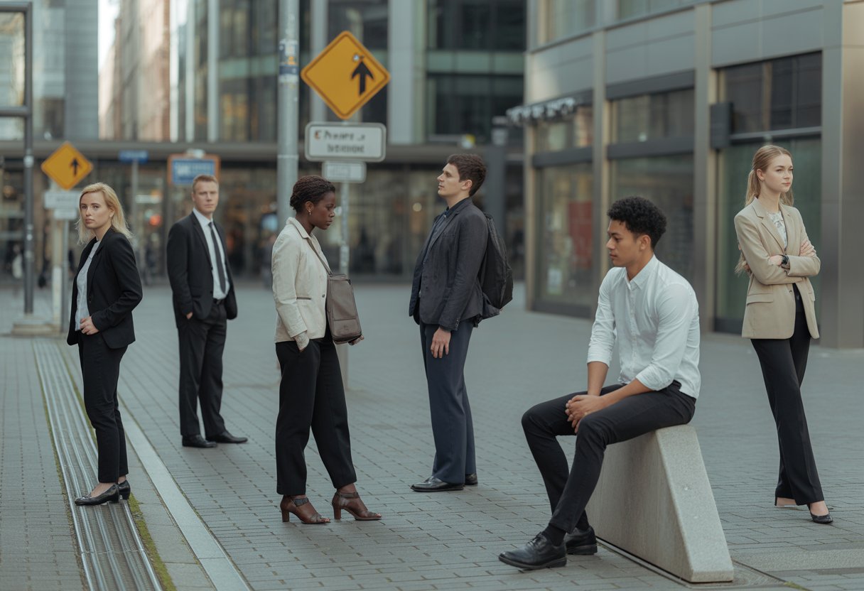 Eine Gruppe von Menschen unterschiedlicher Herkunft in einer deutschen Stadt, die getrennt und distanziert zueinander stehen.