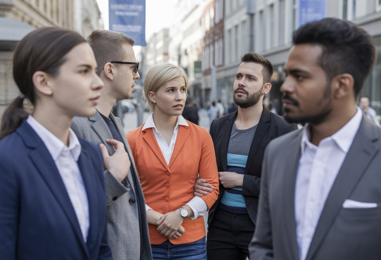 Eine Gruppe von Menschen unterschiedlicher Herkunft in einer deutschen Stadt, die teils miteinander sprechen, teils distanziert wirken.
