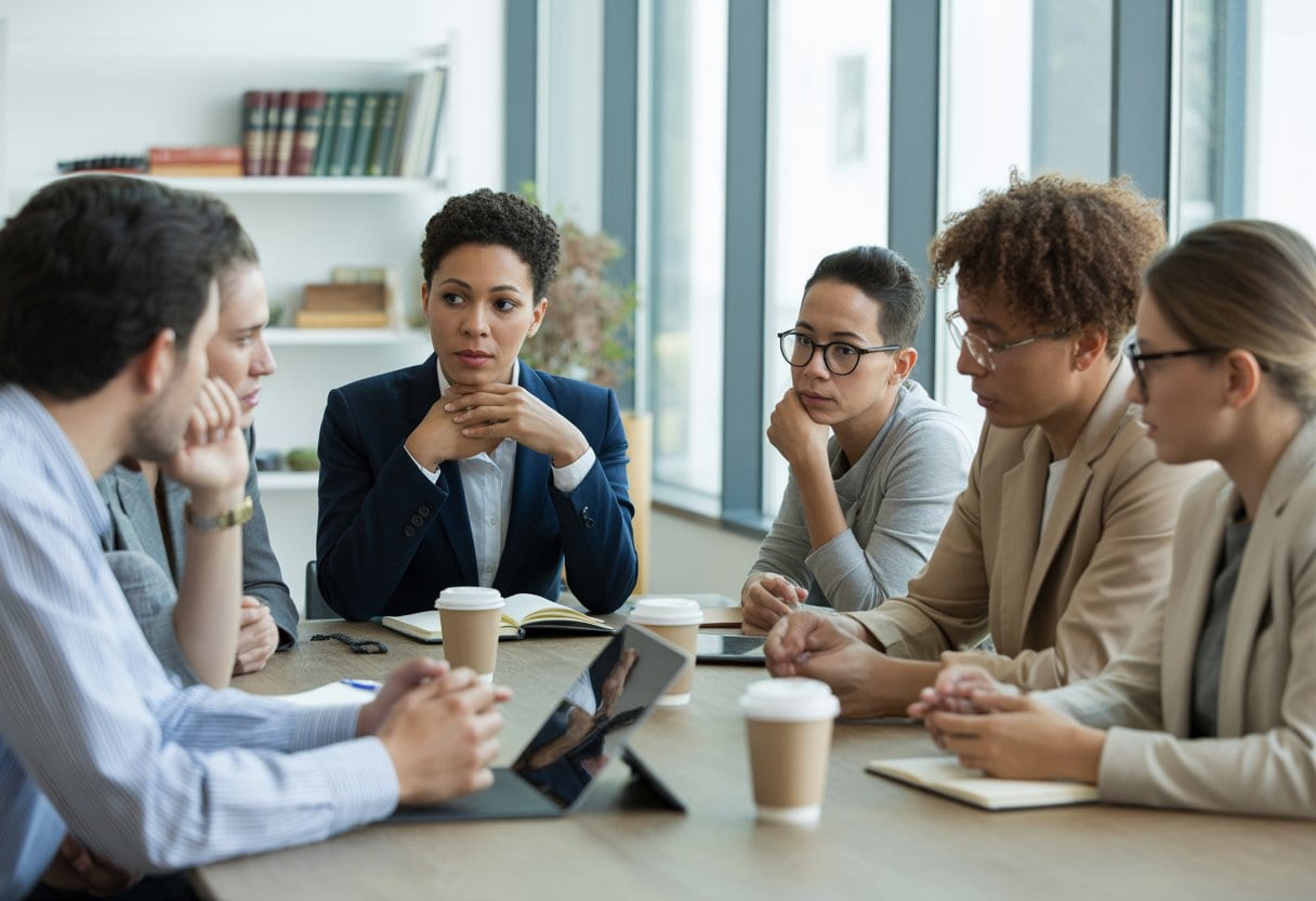 Gendern: Sprachpolizei oder notwendiger Wandel? – Debatte und Hintergründe 2 Eine Gruppe von Menschen unterschiedlichen Geschlechts und Herkunft diskutiert gemeinsam an einem Konferenztisch in einem hellen Büro.