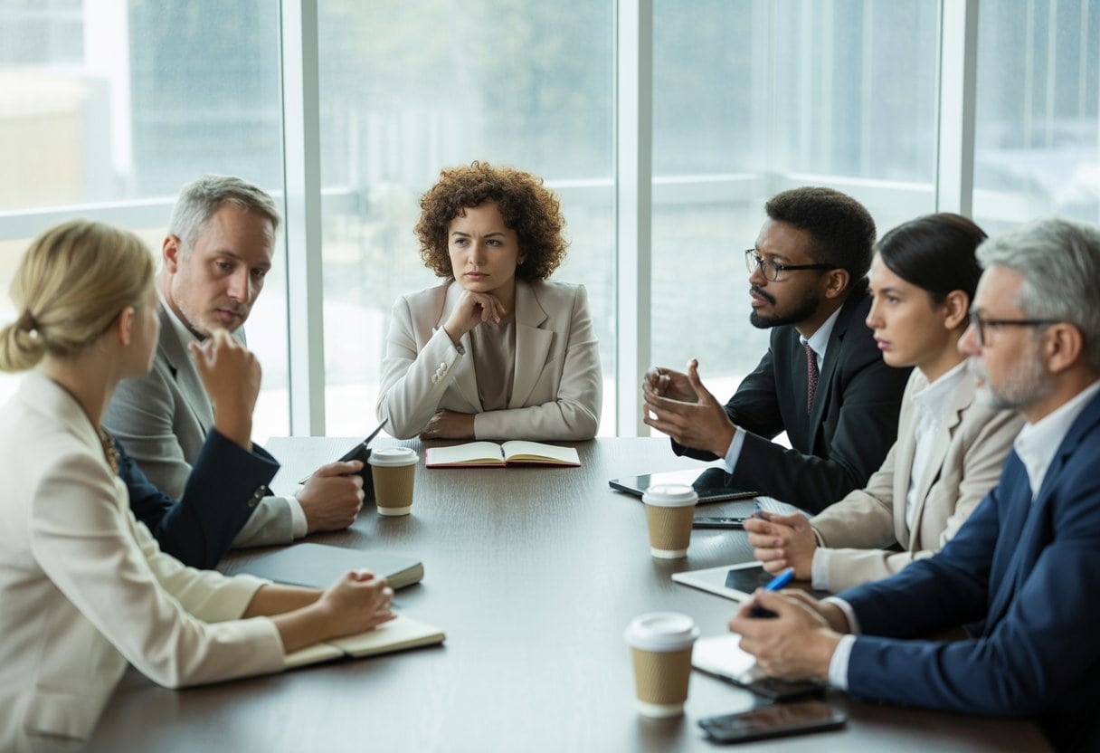 Gendern: Sprachpolizei oder notwendiger Wandel? – Debatte und Hintergründe 3 Eine vielfältige Gruppe von Menschen diskutiert ernsthaft an einem Konferenztisch in einem modernen Büro mit großen Fenstern.