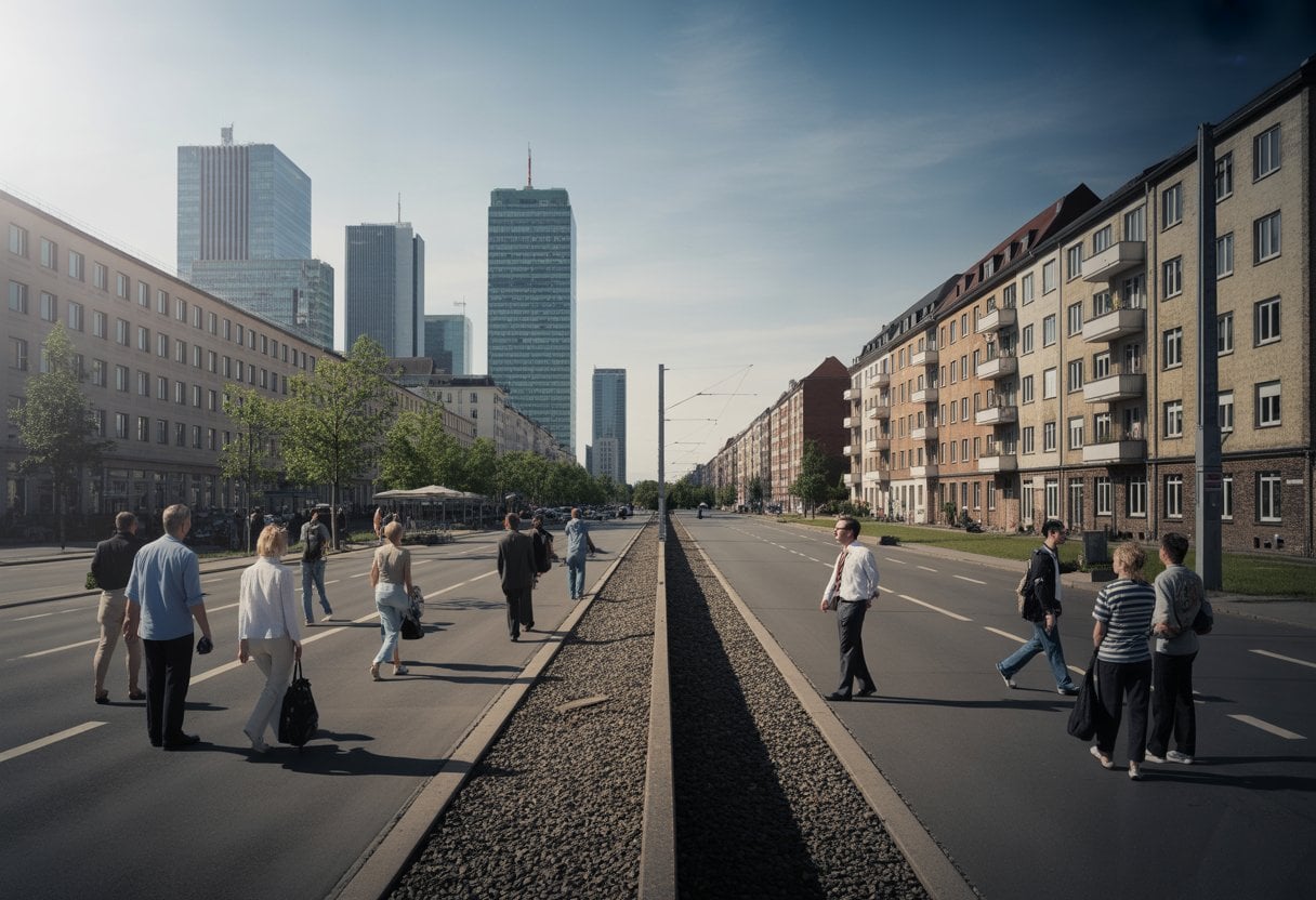 Ostdeutschland: Noch immer zweite Klasse? Ursachen, Fakten, Perspektiven 1 Eine Stadtansicht mit einer modernen Seite und einer älteren, weniger gepflegten Seite, die den Unterschied zwischen Ost- und Westdeutschland zeigt.