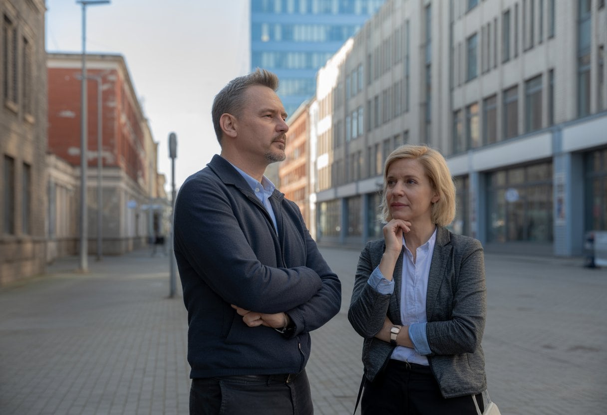 Ostdeutschland: Noch immer zweite Klasse? Ursachen, Fakten, Perspektiven 2 Ein nachdenklicher Mann und eine Frau stehen in einer Stadt mit moderner und älterer Architektur, die Ostdeutschland zeigt.