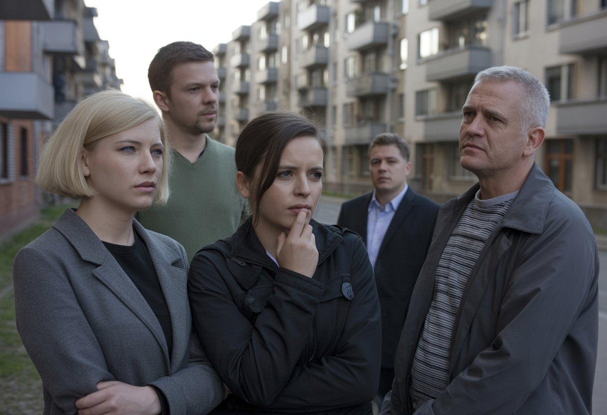 Ostdeutschland: Noch immer zweite Klasse? Ursachen, Fakten, Perspektiven 3 Eine Gruppe von Menschen in einer ostdeutschen Stadt mit nachdenklichen Gesichtsausdrücken vor typischen Wohngebäuden.