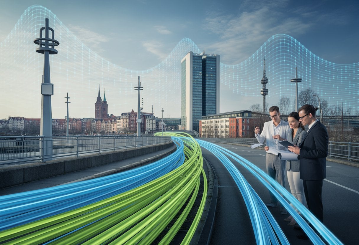 Digitalisierung in Deutschland: Entwicklungsland mit Glasfaser-Träumen – Status und Herausforderungen 1 Eine deutsche Stadt mit modernen und älteren Gebäuden, durch die leuchtende Glasfaserkabel verlaufen, während Fachleute digitale Geräte betrachten und diskutieren.