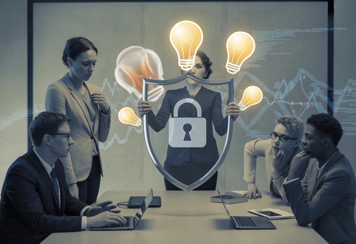 Datenschutz-Wahn: Wie die DSGVO Innovation tötet – Auswirkungen, Hintergründe und Folgen 1 Menschen in einem modernen Büro diskutieren, während ein digitaler Schutzschild kreative Ideen blockiert.