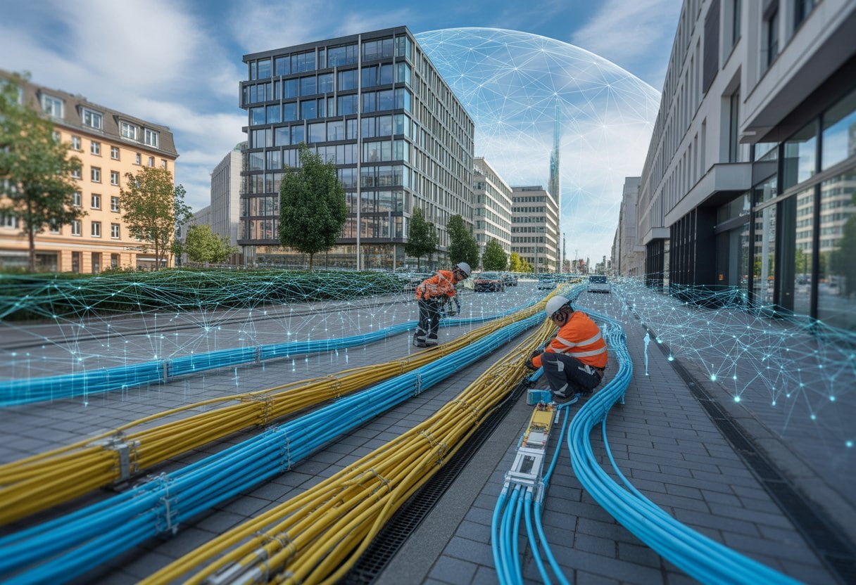 Digitalisierung in Deutschland: Entwicklungsland mit Glasfaser-Träumen – Status und Herausforderungen 2 Techniker installieren Glasfaserkabel in einer deutschen Stadt mit modernen Gebäuden im Hintergrund.