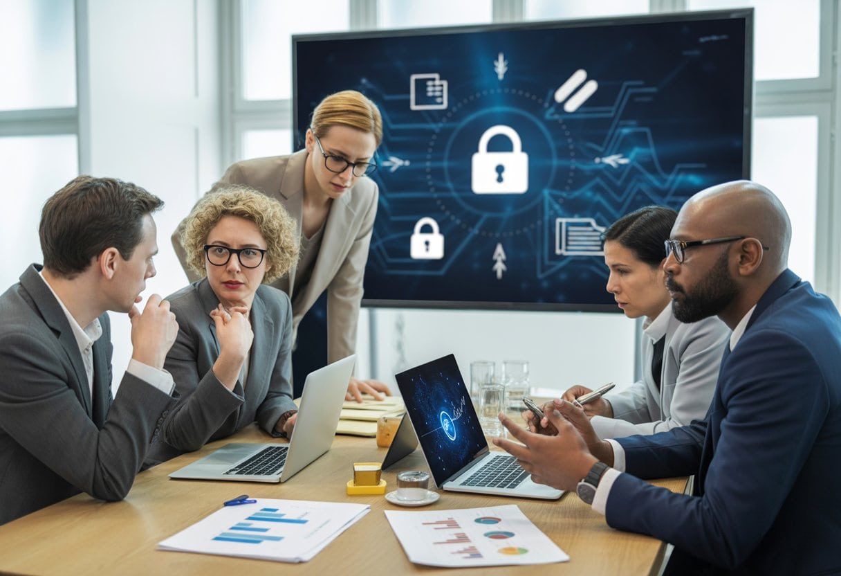 Datenschutz-Wahn: Wie die DSGVO Innovation tötet – Auswirkungen, Hintergründe und Folgen 2 Geschäftsleute diskutieren ernsthaft in einem modernen Büro mit digitalen Symbolen für Datenschutz im Hintergrund.