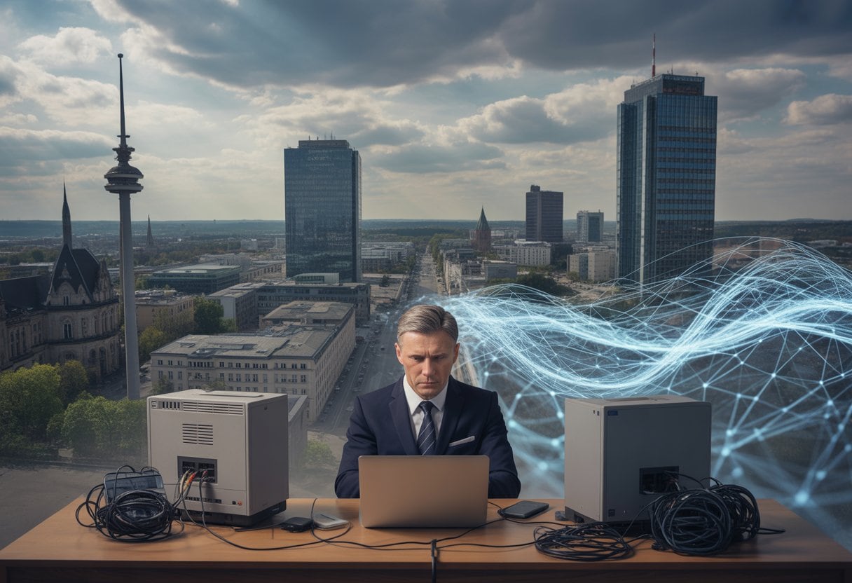 Digitalisierung in Deutschland: Entwicklungsland mit Glasfaser-Träumen – Status und Herausforderungen 3 Ein Geschäftsmann sitzt an einem Schreibtisch mit veralteter Technologie vor einer deutschen Stadtkulisse mit traditionellen und modernen Gebäuden.