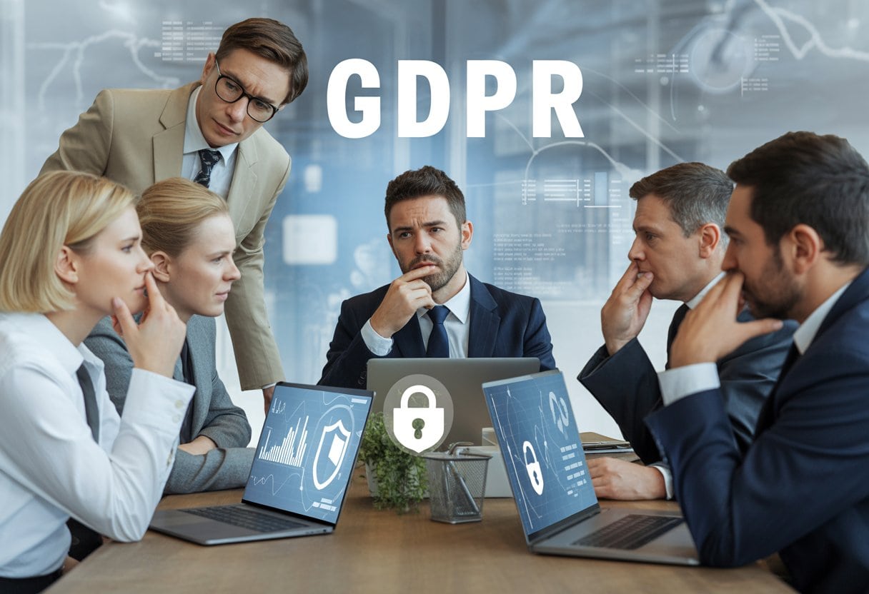 Datenschutz-Wahn: Wie die DSGVO Innovation tötet – Auswirkungen, Hintergründe und Folgen 3 Geschäftsleute diskutieren ernsthaft in einem Büro über Datenschutz und dessen Auswirkungen auf Innovation.