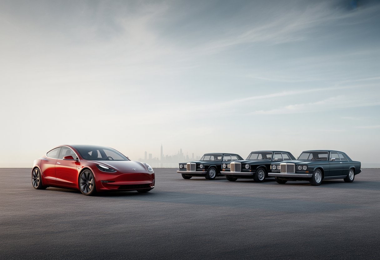 Ein rotes Tesla-Auto steht einer Gruppe von drei klassischen deutschen Autos auf einer breiten Straße gegenüber, unter einem bewölkten Himmel mit Stadtsilhouette im Hintergrund.