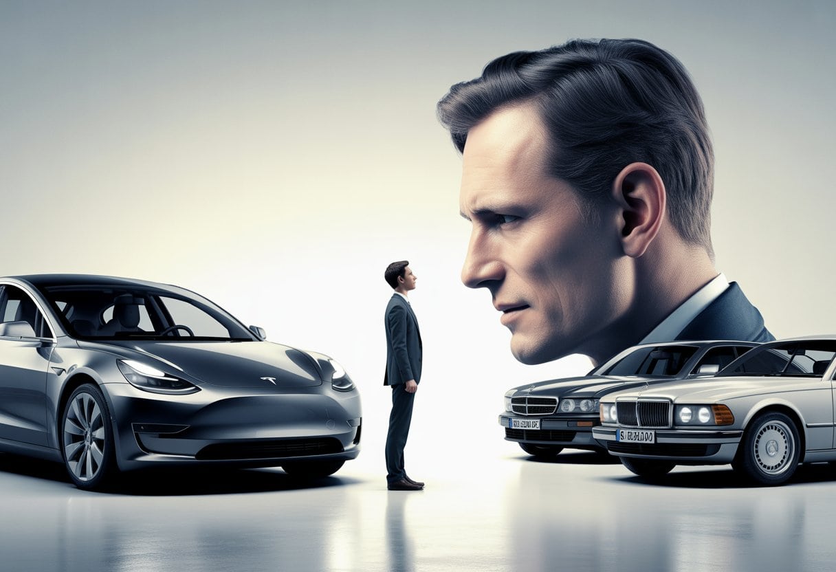 Ein Tesla-Elektroauto steht einem Halbkreis aus drei deutschen Luxusautos gegenüber, mit zwei Figuren, die einen kleinen und einen großen Gegner symbolisieren.