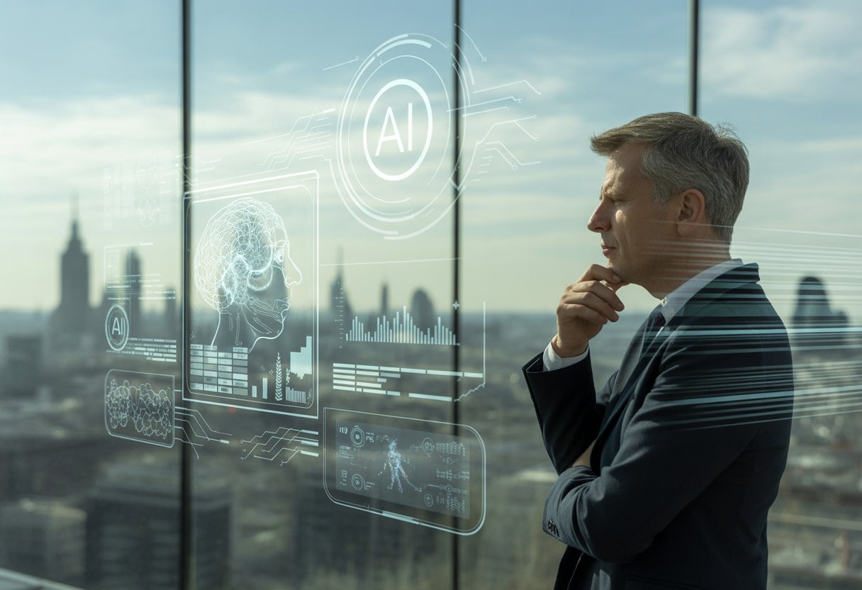 Künstliche Intelligenz: Deutschlands verpasste Zukunft und ihre Ursachen 1 Ein nachdenklicher Geschäftsmann betrachtet eine digitale Anzeige mit Daten und Diagrammen in einem modernen Büro, im Hintergrund eine Stadtansicht einer deutschen Metropole.