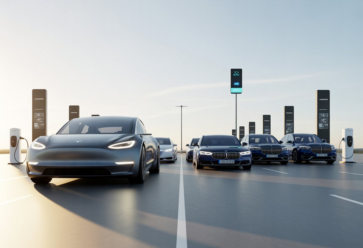 Ein modernes Elektroauto steht einem Ensemble deutscher Luxusautos gegenüber in einer urbanen, technologisch fortschrittlichen Umgebung mit Ladestationen und digitaler Infrastruktur.