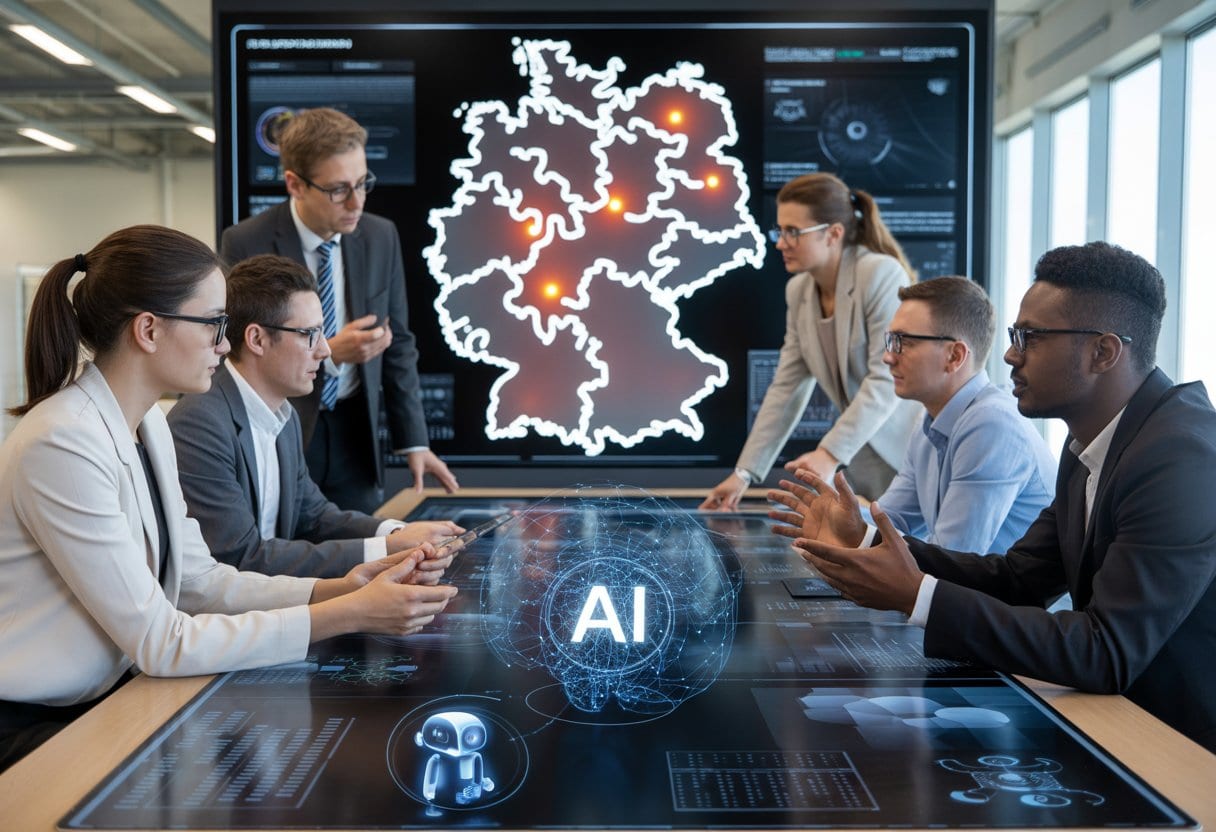 Künstliche Intelligenz: Deutschlands verpasste Zukunft und ihre Ursachen 2 Mehrere Personen diskutieren in einem modernen Büro um einen digitalen Tisch mit KI-Datenvisualisierungen, im Hintergrund ist eine Karte von Deutschland mit leuchtenden Punkten zu sehen.