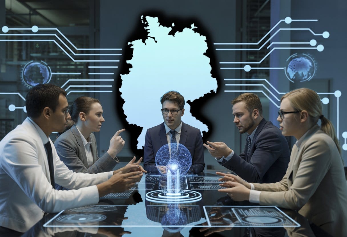 Künstliche Intelligenz: Deutschlands verpasste Zukunft und ihre Ursachen 3 Eine Gruppe von Fachleuten diskutiert in einem modernen Büro vor einem digitalen Tisch mit KI-Hologrammen, im Hintergrund ist eine Karte von Deutschland mit leuchtenden Verbindungen zu internationalen Knotenpunkten zu sehen.