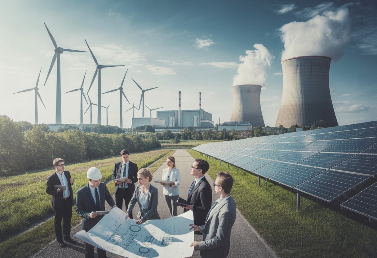 Landschaft mit Windrädern, Solarpanelen und einem stillgelegten Kernkraftwerk im Hintergrund, davor Menschen in Geschäftskleidung, die Pläne besprechen.