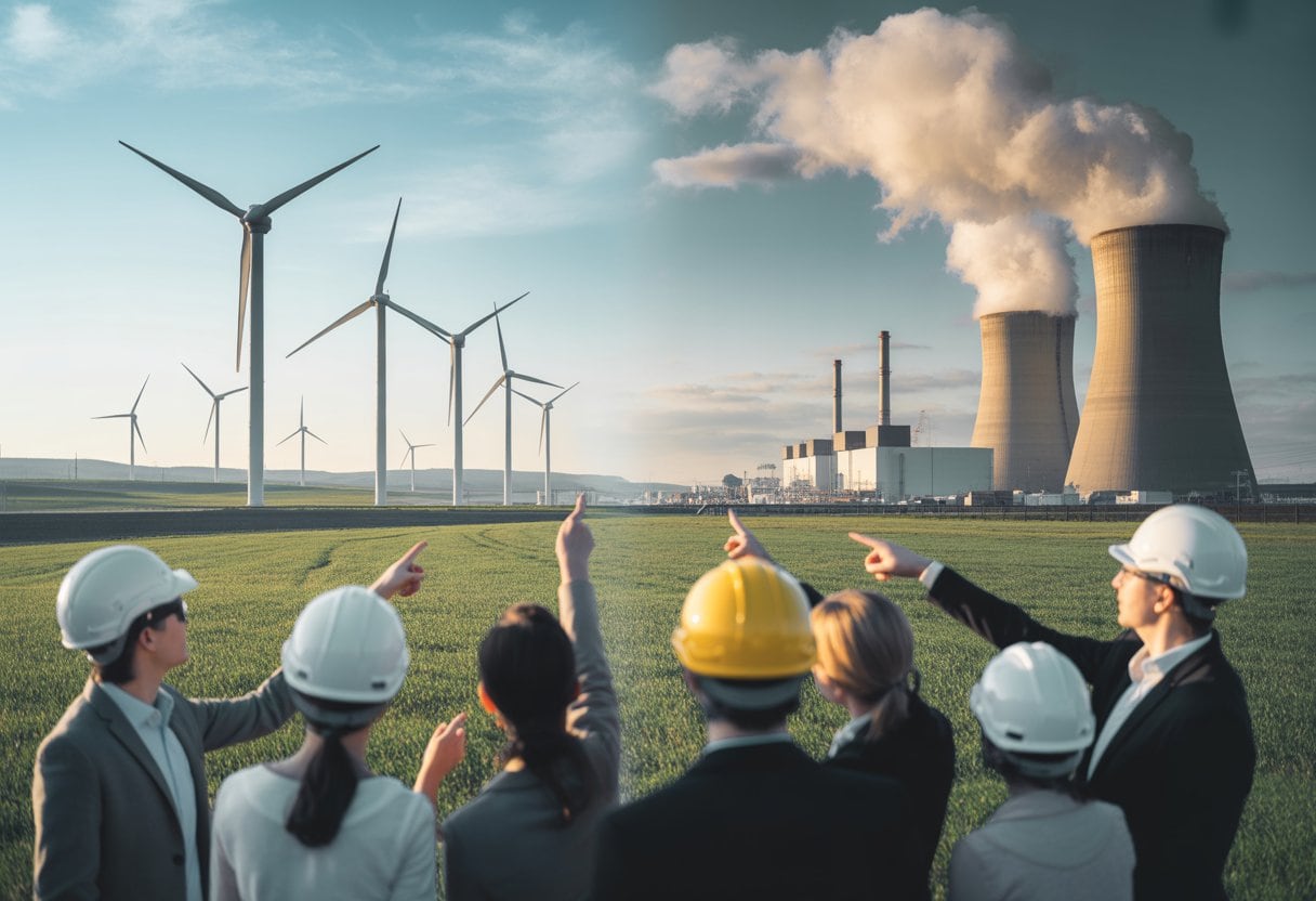 Eine Landschaft mit Windkraftanlagen auf der einen Seite und einem Kernkraftwerk auf der anderen, davor diskutieren Fachleute und Ingenieure.