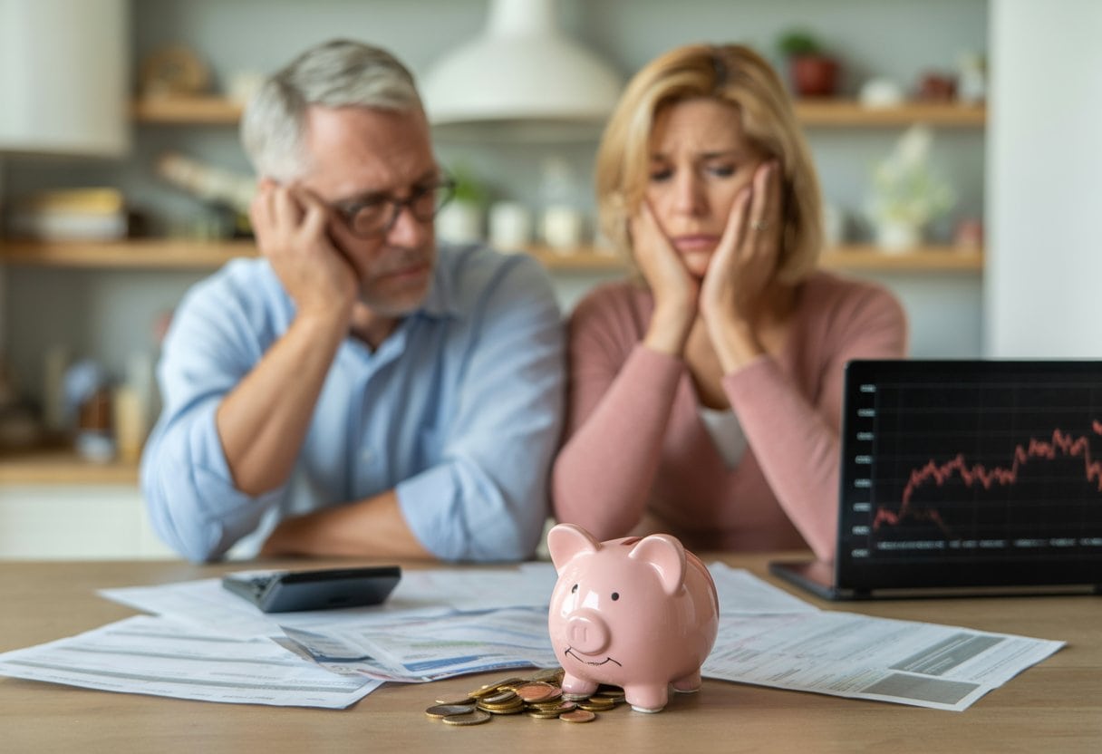Ein besorgtes mittelaltriges Paar sitzt am Küchentisch mit Finanzunterlagen und einem zerbrochenen Sparschwein vor sich.