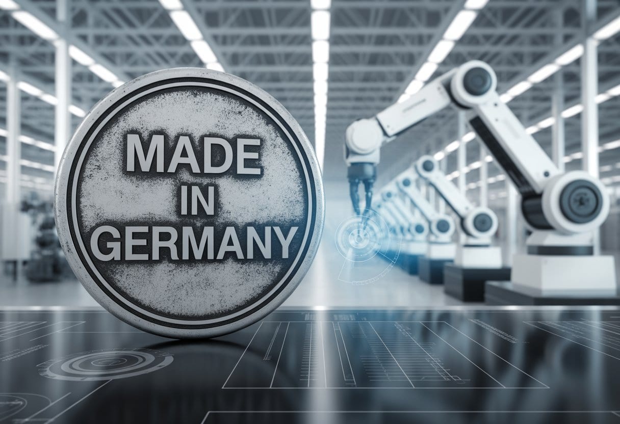 Nahaufnahme eines alten Metallgütesiegels mit der Aufschrift ‚Made in Germany‘ vor einer modernen Fabrik mit Maschinen und Roboterarmen.