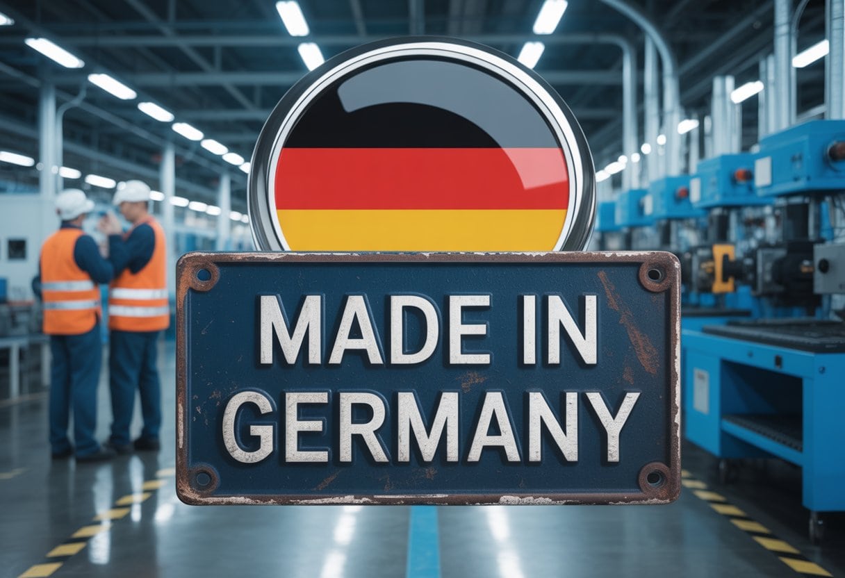 Eine Fabrikhintergrundszene mit moderner Ausrüstung und zwei Schildern, eines alt und abgenutzt, das andere neu und glänzend, die den Wandel von 'Made in Germany' zeigen.