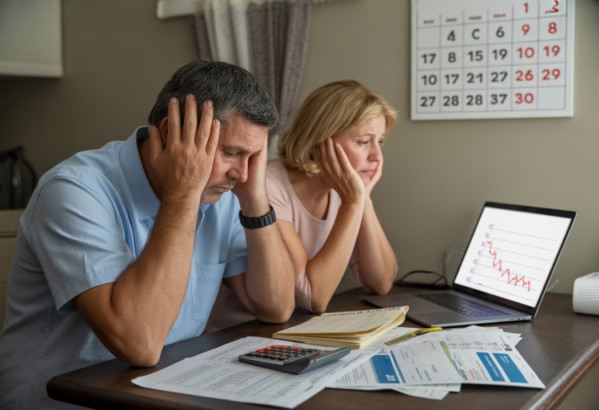 Ein besorgtes mittelaltriges Paar sitzt am Küchentisch mit Finanzunterlagen und einem Laptop, der einen fallenden Graphen zeigt.