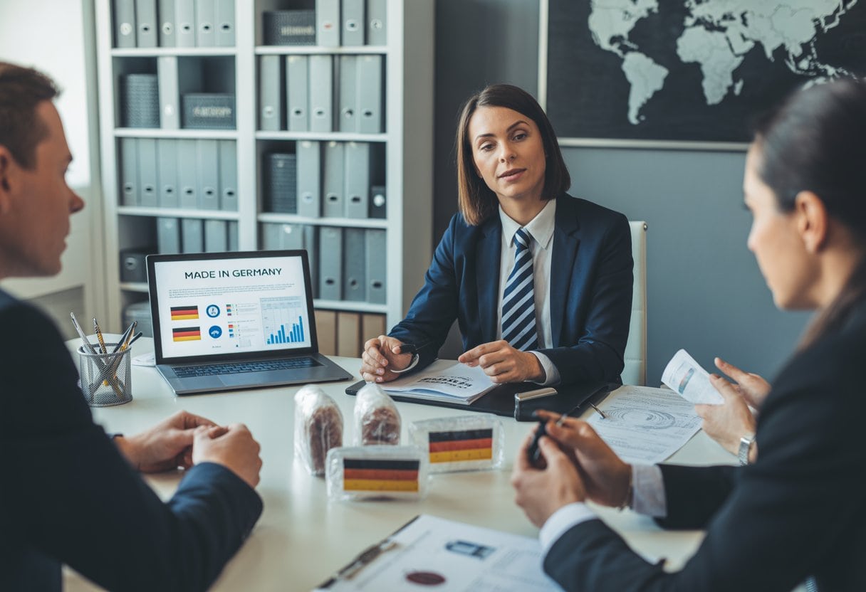 Mehrere Personen diskutieren in einem Büro an einem Tisch mit Produktmustern und Dokumenten, im Hintergrund sind Regale und eine Weltkarte zu sehen.