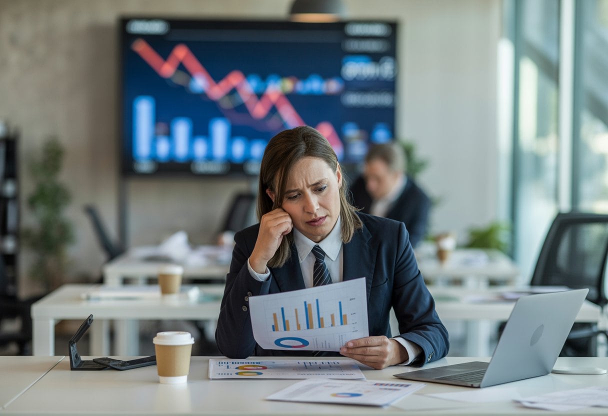 Ein besorgter Geschäftsmann in einem modernen Büro mit leeren Schreibtischen und einem Bildschirm mit fallenden Wirtschaftsdaten im Hintergrund.