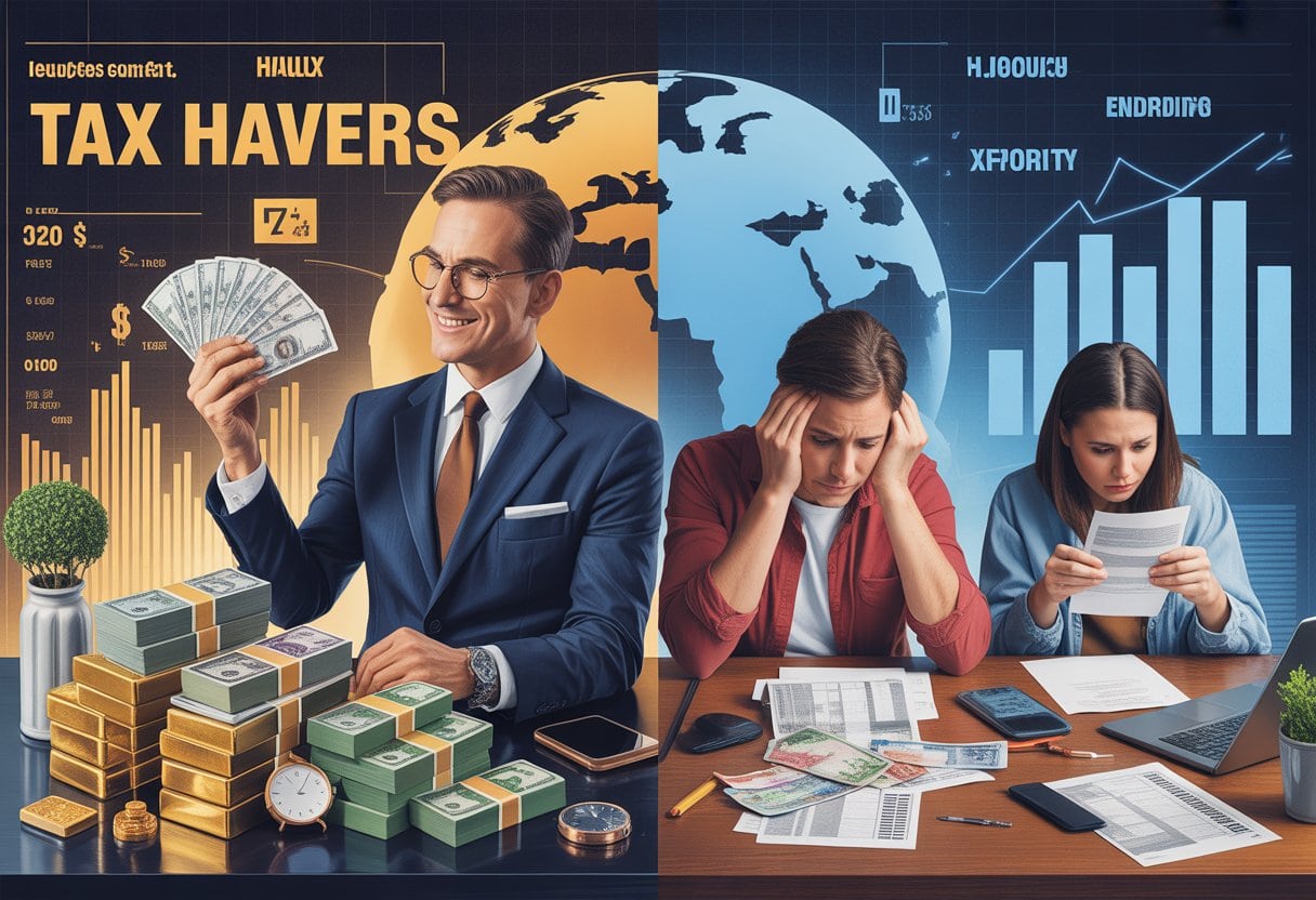 Steuerparadies für Reiche, Abzocke für Normalverdiener: Deutschlands Steuergerechtigkeit im Check 1 Ein wohlhabender Geschäftsmann zählt Geld in einem luxuriösen Büro, während eine durchschnittliche Familie am Küchentisch mit Rechnungen und Steuerunterlagen kämpft.