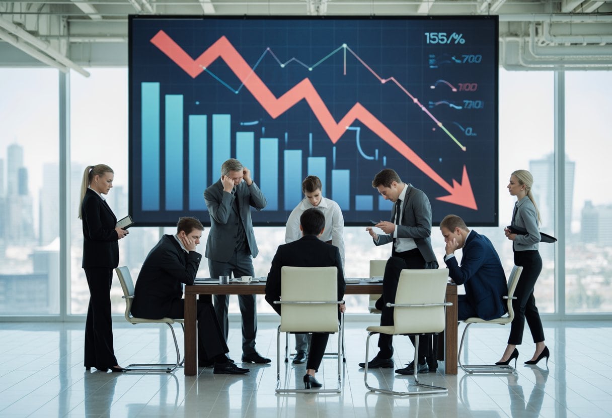 Geschäftsleute in einem modernen Büro diskutieren besorgt über sinkende Wirtschaftsdaten auf einem Bildschirm.