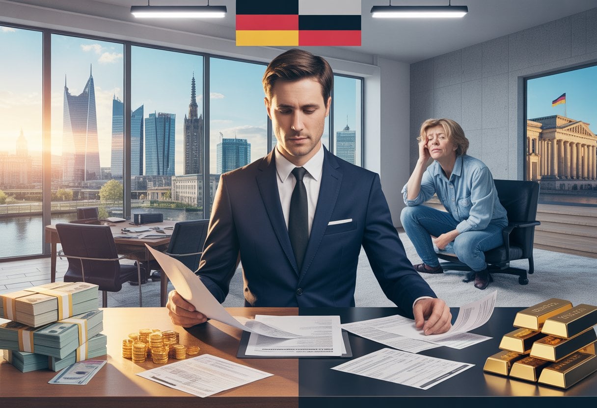 Steuerparadies für Reiche, Abzocke für Normalverdiener: Deutschlands Steuergerechtigkeit im Check 2 Zwei nebeneinanderstehende Personen: ein wohlhabender Geschäftsmann in einem luxuriösen Büro und eine gestresste Durchschnittsperson an einem einfachen Schreibtisch mit Rechnungen.