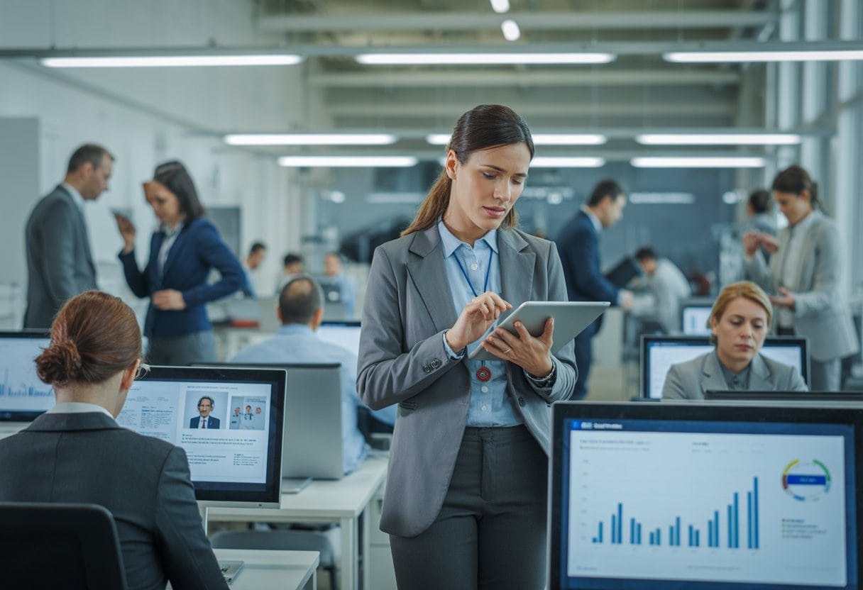 Büroumgebung mit gestressten Fachkräften und leeren Arbeitsplätzen, die Fachkräftemangel symbolisieren.