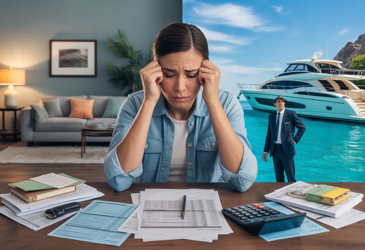 Steuerparadies für Reiche, Abzocke für Normalverdiener: Deutschlands Steuergerechtigkeit im Check 3 Ein gestresster Durchschnittsverdiener am Schreibtisch mit Rechnungen und Steuerformularen, gegenüber eine wohlhabende Person entspannt vor einer Yacht in sonniger Umgebung.