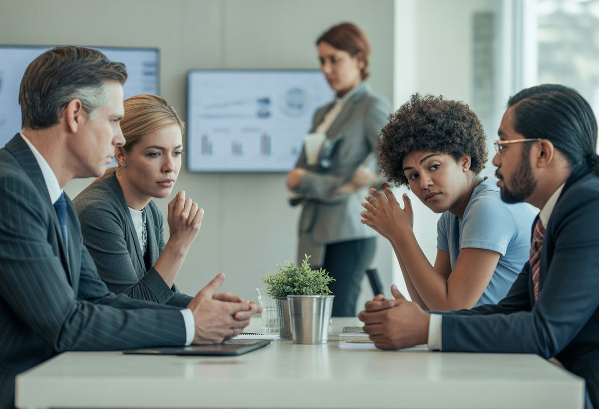 Eine Gruppe von Menschen unterschiedlicher Berufe diskutiert ernsthaft um einen Tisch in einem modernen Büro.