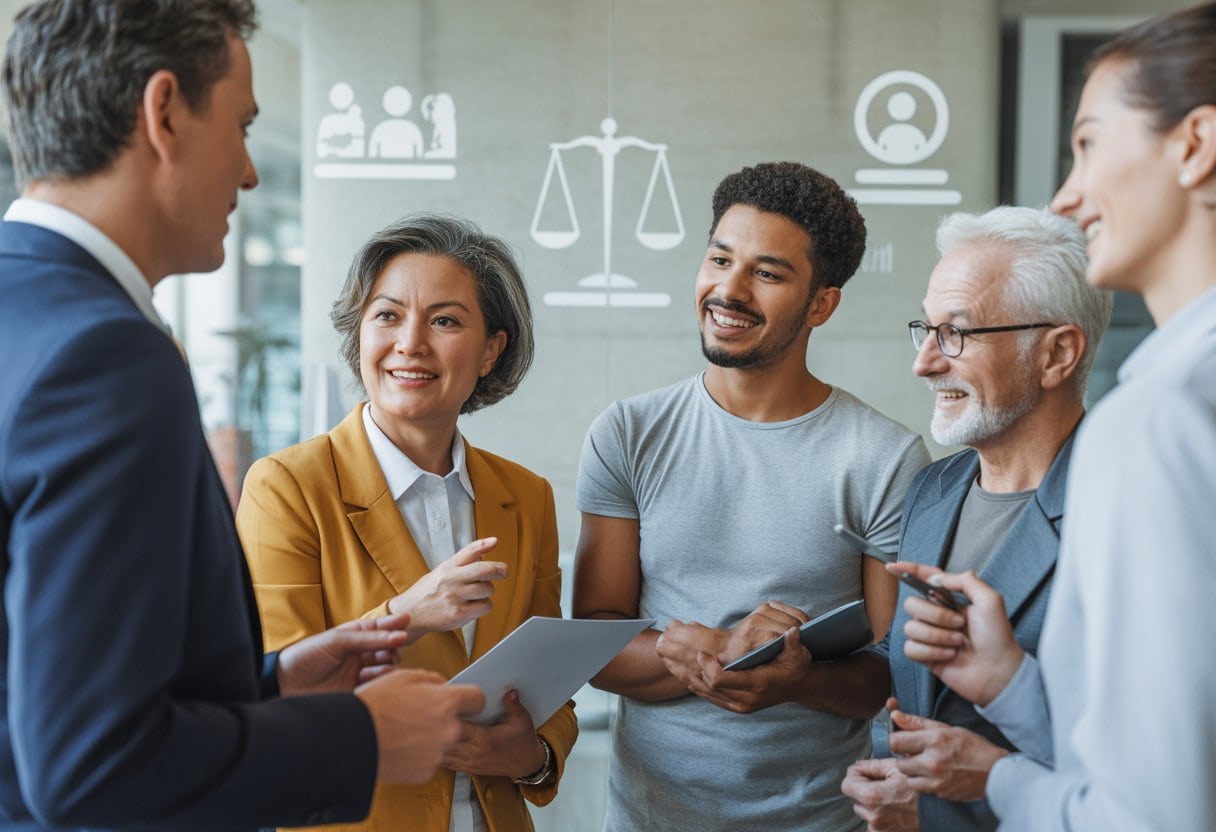Eine Gruppe von Menschen unterschiedlichen Alters und Hintergrunds diskutiert freundlich in einem modernen Büro.