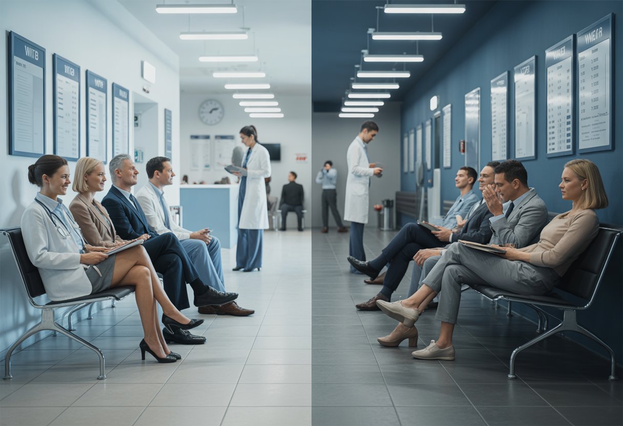 Zwei-Klassen-Medizin: Warum Kassenpatienten monatelang auf Termine warten 1 Ein Wartezimmer in einer Arztpraxis, das in zwei Bereiche geteilt ist: Auf der einen Seite entspannte Patienten in einem hellen Raum, auf der anderen Seite wartende, besorgte Patienten in einem überfüllten, dunkleren Bereich.