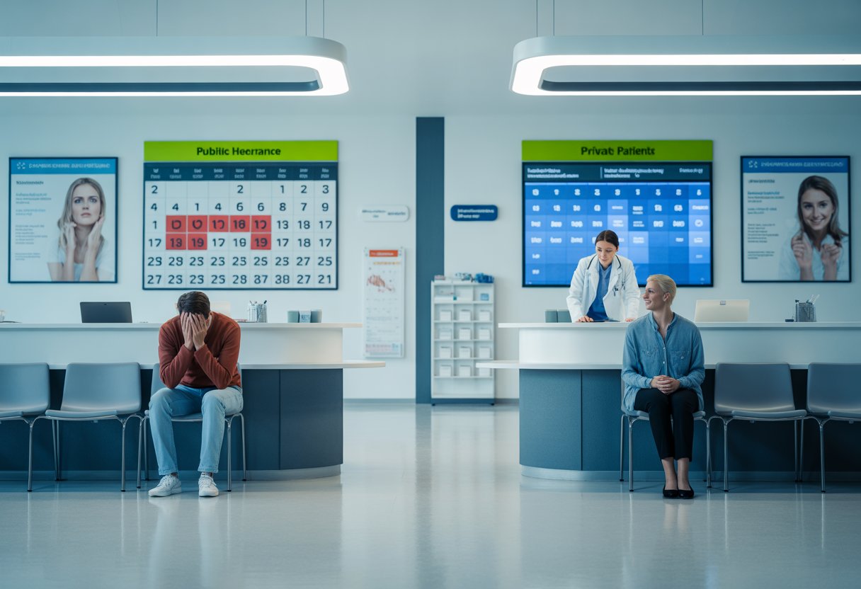 Zwei-Klassen-Medizin: Warum Kassenpatienten monatelang auf Termine warten 2 Ein Warteraum in einer Arztpraxis, in dem ein Patient ungeduldig wartet und ein anderer Patient sofort bedient wird.