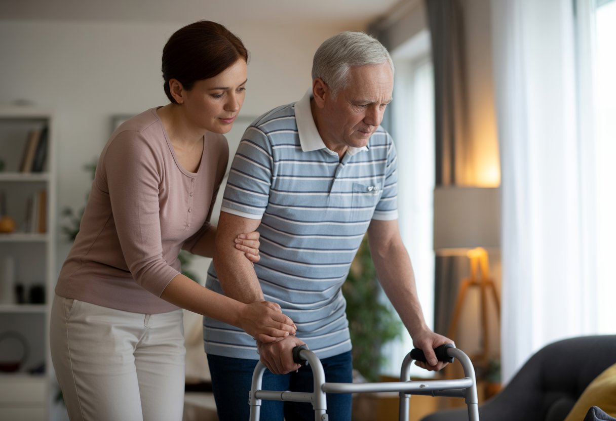 Eine Frau hilft einem älteren Mann mit einem Gehstock in einem Wohnzimmer.