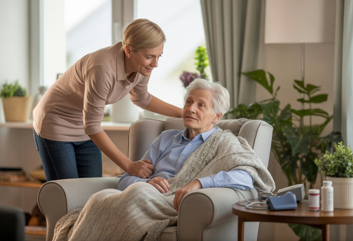 Ein Erwachsener kümmert sich liebevoll um eine ältere Person in einem Wohnzimmer mit medizinischen Hilfsmitteln auf einem Tisch.