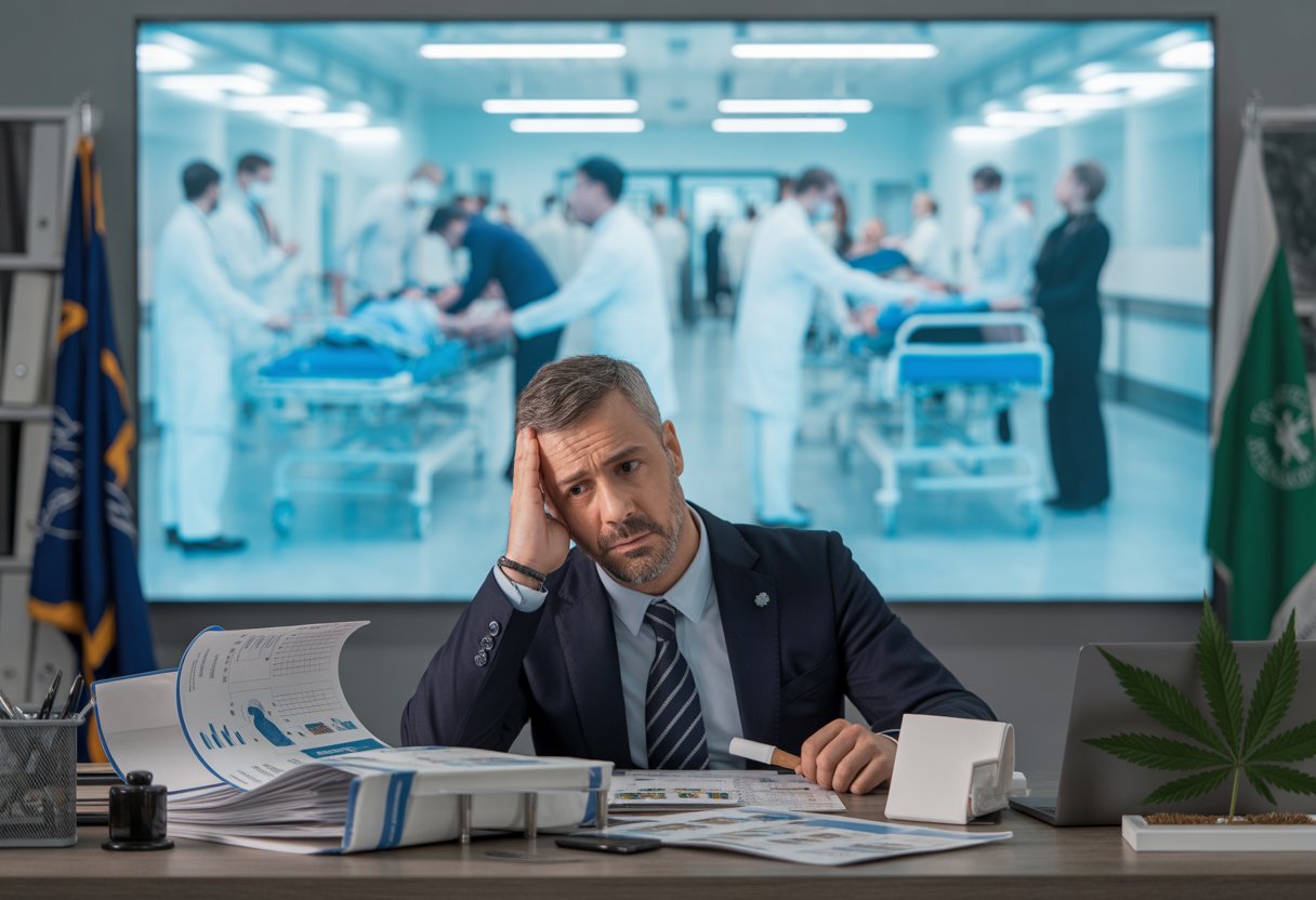 Gesundheitsminister im Blindflug: Cannabis legal, Krankenhäuser am Limit – Gesetzeslage und Herausforderungen 2025 1 Ein besorgter Gesundheitsminister sitzt an einem Schreibtisch mit medizinischen Unterlagen, im Hintergrund ist ein überfüllter Krankenhausflur zu sehen.