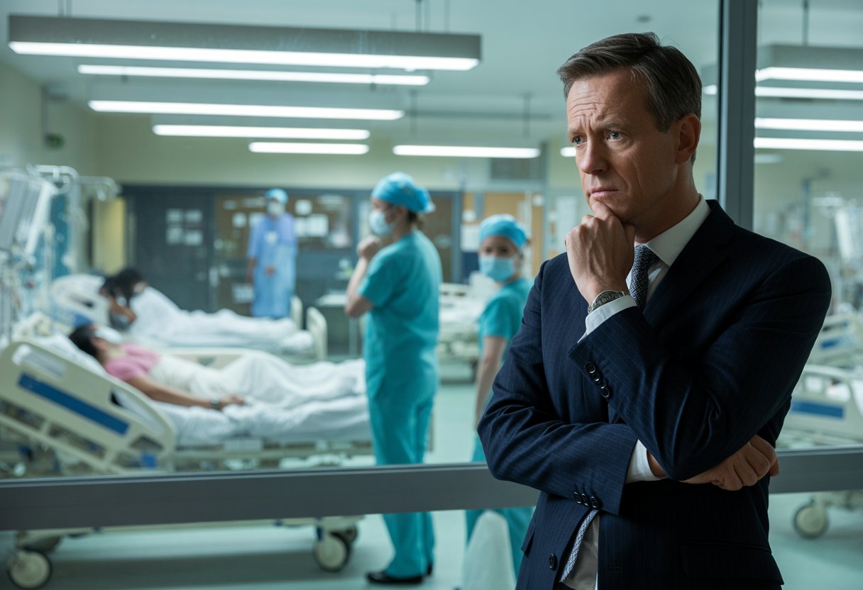 Gesundheitsminister im Blindflug: Cannabis legal, Krankenhäuser am Limit – Gesetzeslage und Herausforderungen 2025 2 Gesundheitsminister schaut besorgt in einem Büro, im Hintergrund ein überfülltes Krankenhaus mit Ärzten und Patienten.