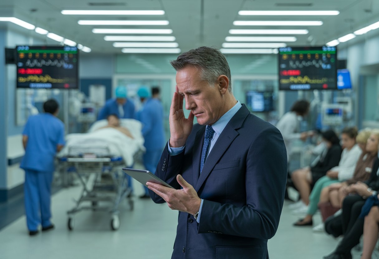 Gesundheitsminister im Blindflug: Cannabis legal, Krankenhäuser am Limit – Gesetzeslage und Herausforderungen 2025 3 Ein besorgter Gesundheitsminister in einem überfüllten Krankenhaus mit medizinischem Personal und Patienten im Hintergrund.