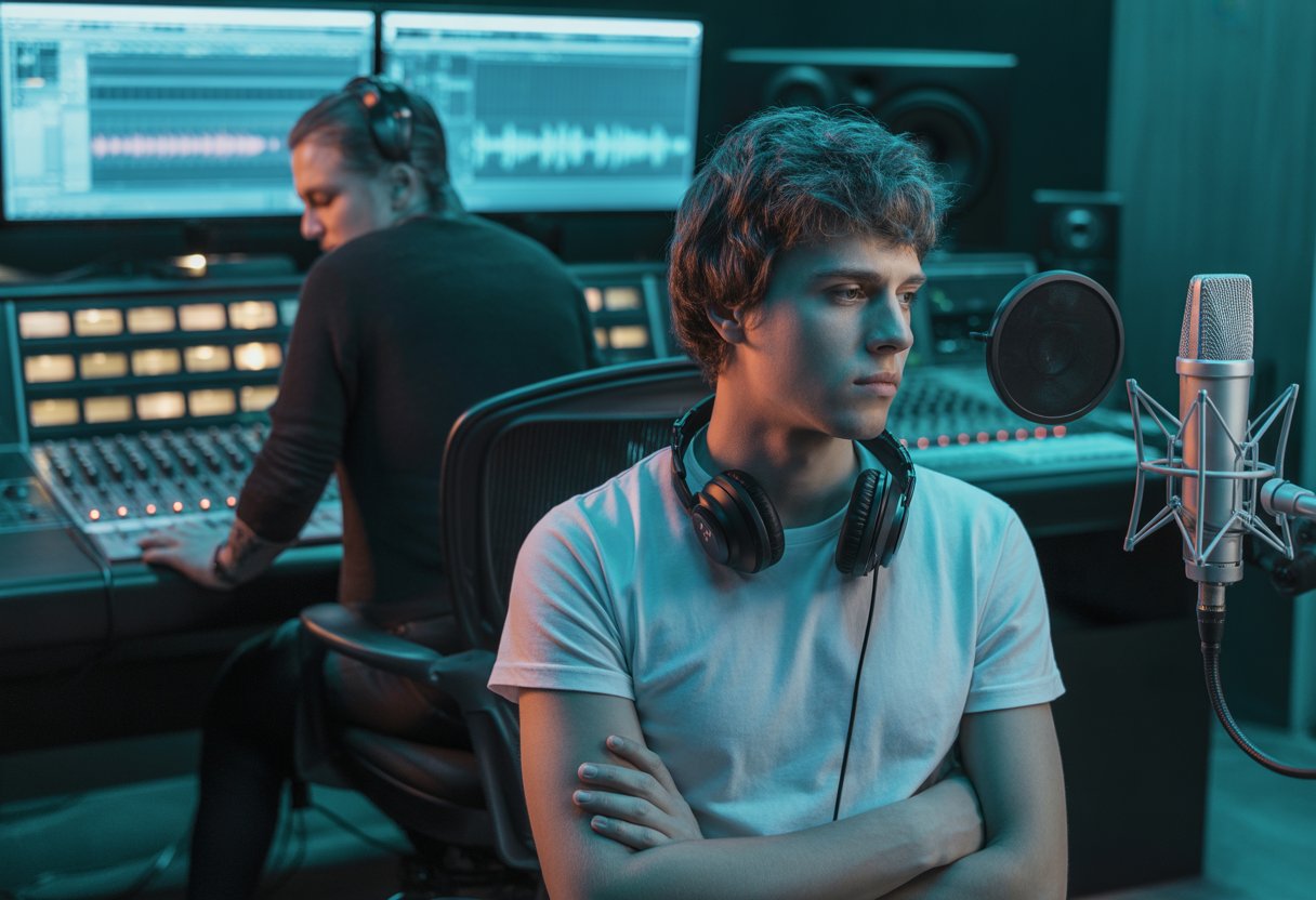 Subventionierte Mittelmäßigkeit: Warum deutsche Popmusik international chancenlos bleibt 1 Ein junger Musiker sitzt nachdenklich in einem Tonstudio mit Kopfhörern um den Hals, während ein Toningenieur im Hintergrund an einem Mischpult arbeitet.