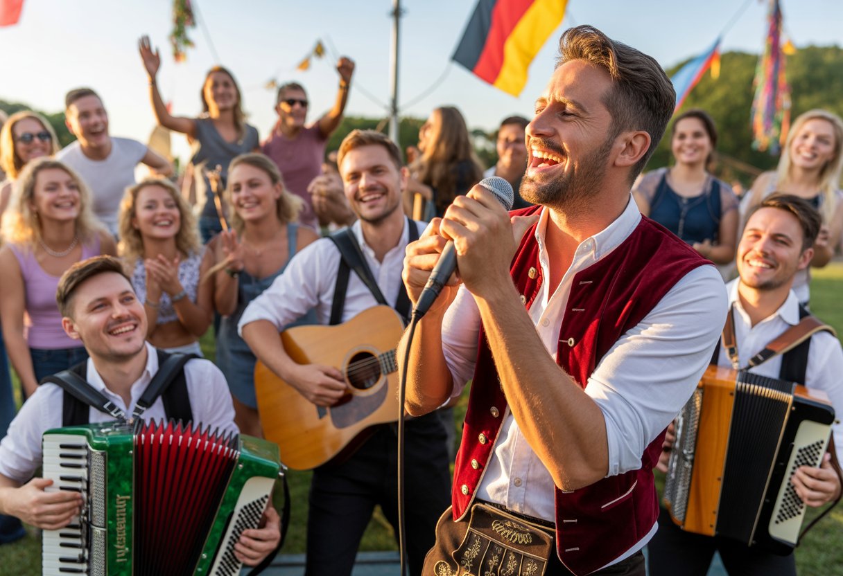 Deutscher Schlager: Kulturelles Erbe oder musikalische Bankrotterklärung? 1 Menschen genießen ein lebhaftes Musikfestival mit einem Sänger und Musikern auf der Bühne.
